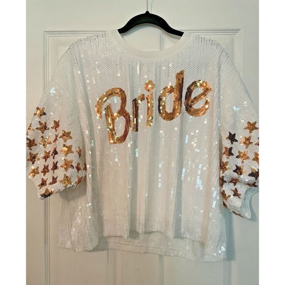 Simply Southern Sequins BRIDE Top Large Oversized Crop white Bachelorette party - Picture 1 of 10